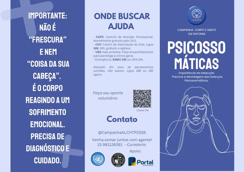 Material informativo da campanha Corpo e Mente em Sintonia: doenças psicossomáticas, ajuda e acolhimento